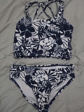Girls Navy and White Floral Two-Piece Swim Set